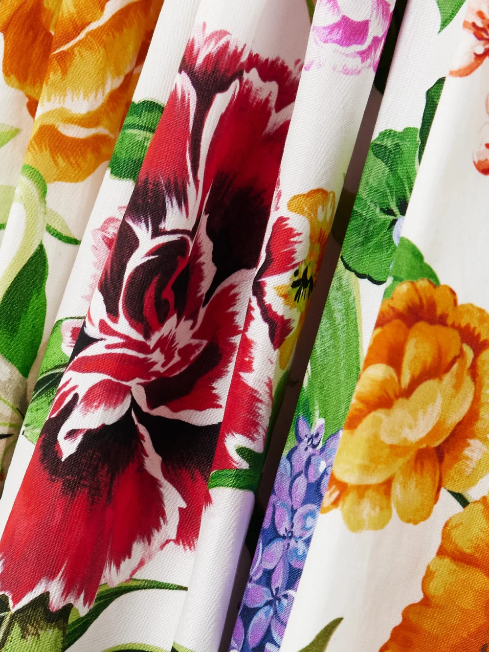 Close-up detail of the Dolce & Gabbana Tiered Pleated Floral-print Cotton-poplin Midi Dress