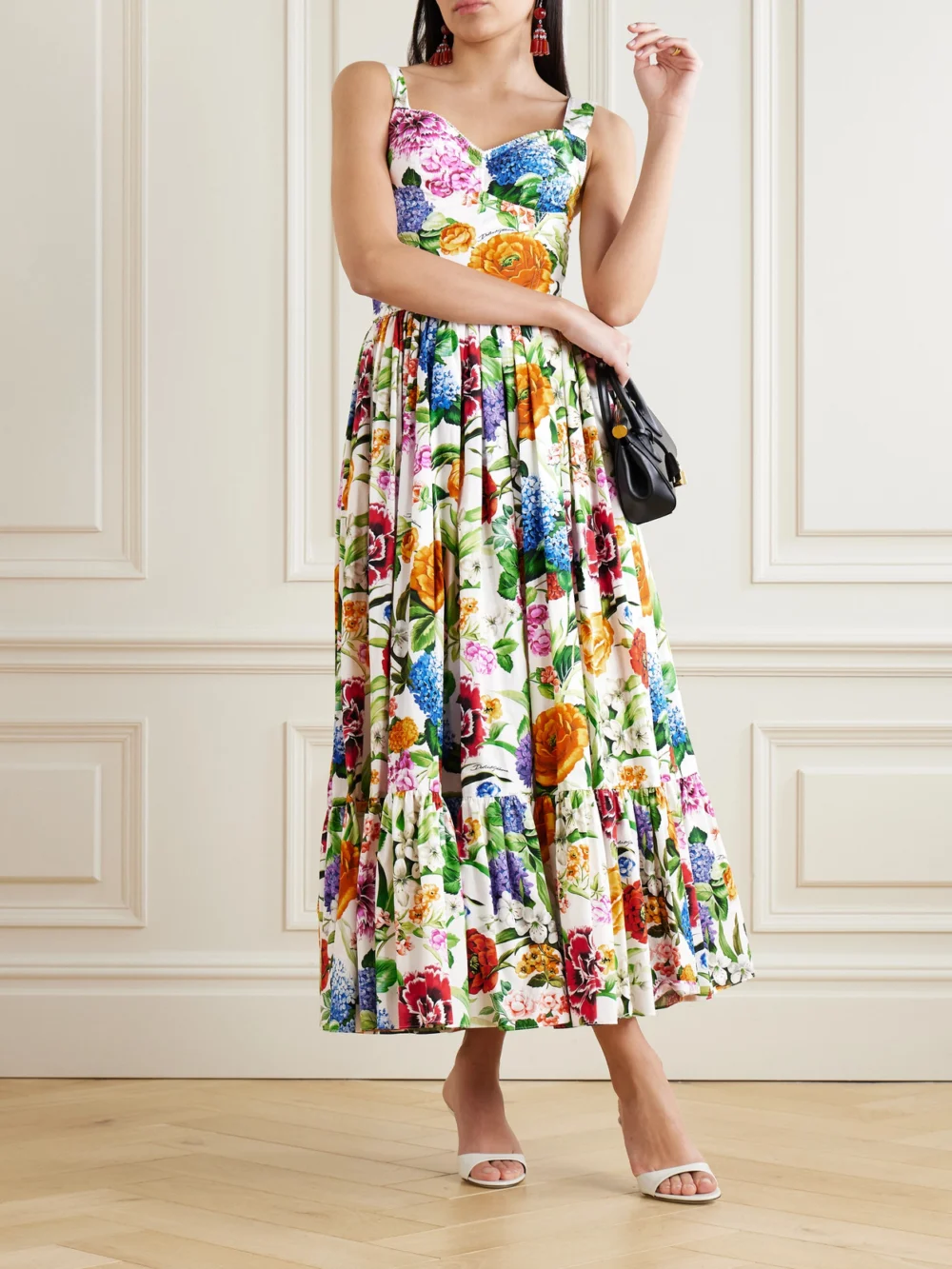 Dolce & Gabbana Tiered Pleated Floral-print Cotton-poplin Midi Dress, worn by a model
