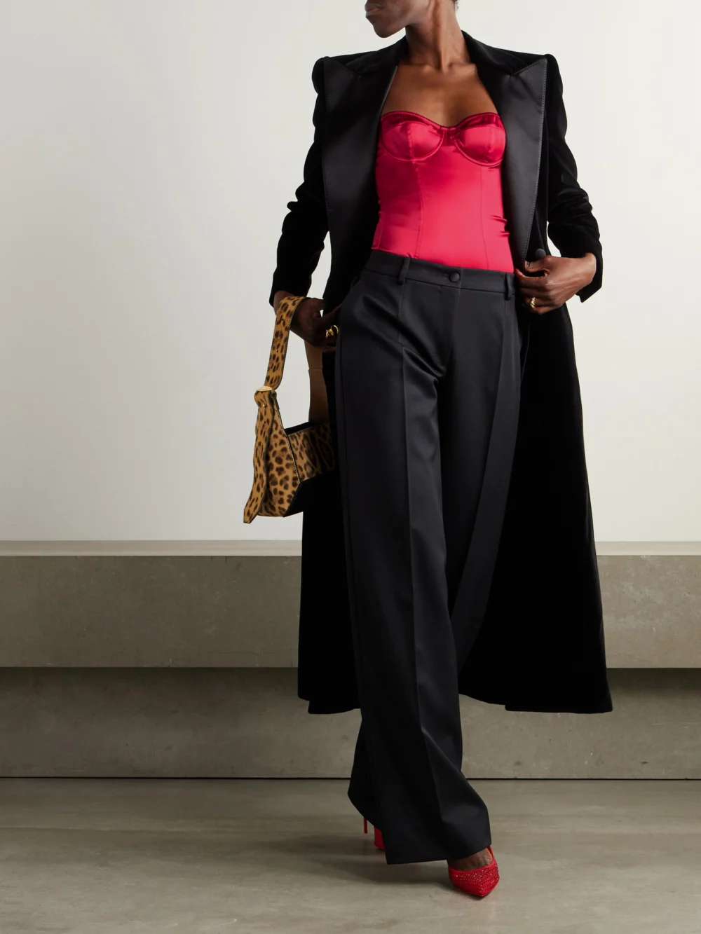Dolce & Gabbana Underwired Picot-trimmed Stretch-silk Satin Bodysuit, worn by a model