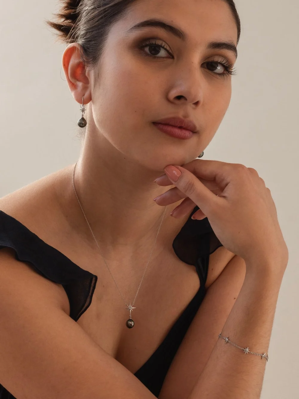 Dower & Hall 14k Gold & Diamond North Star Ear-Drops with Tahitian Pearl, view 2