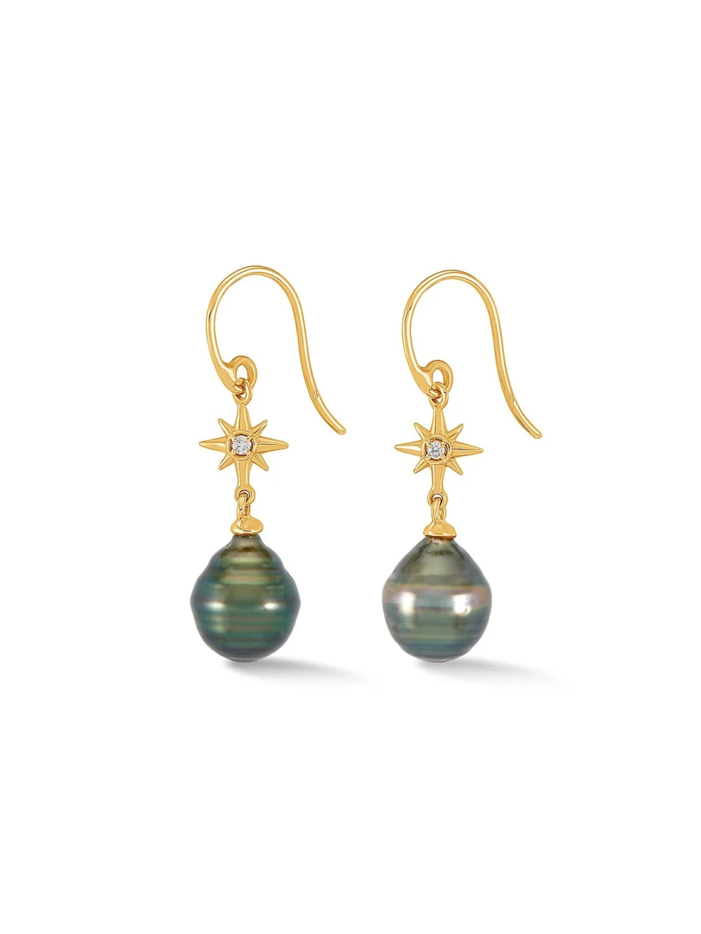 Dower & Hall 14k Gold & Diamond North Star Ear-Drops with Tahitian Pearl, view 4