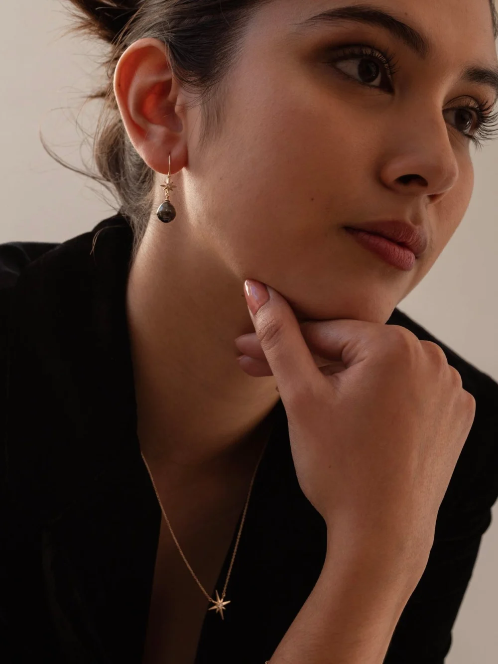 Dower & Hall 14k Gold & Diamond North Star Ear-Drops with Tahitian Pearl, view 6