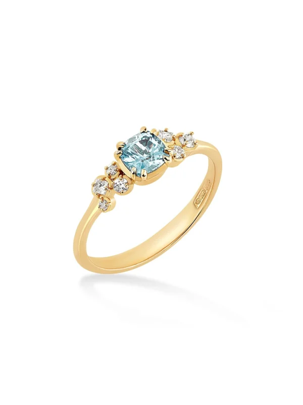 Dower & Hall 18k 5mm Cushion Aquamarine & Diamond Stargazer Ring