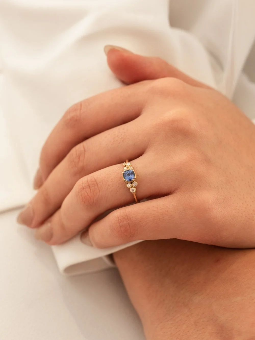 Dower & Hall 18k 5mm Cushion Sapphire & Diamond Stargazer Ring, view 2