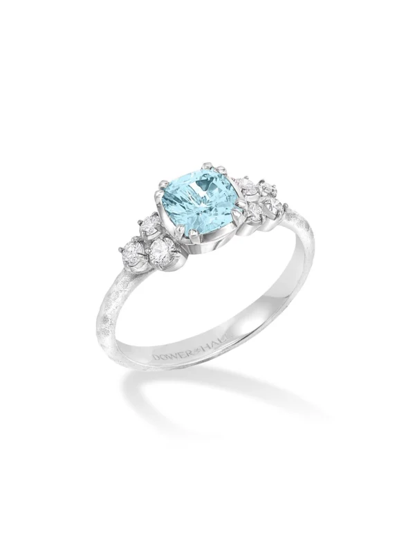 Dower & Hall 18k 6mm Cushion Aquamarine & Diamond Stargazer Ring