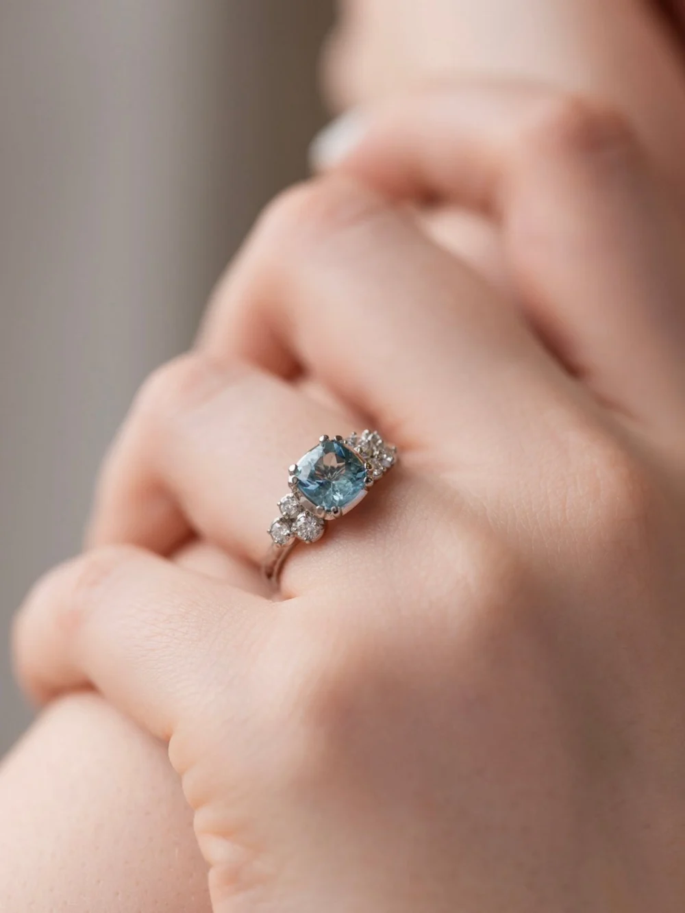 Dower & Hall 18k 6mm Cushion Aquamarine & Diamond Stargazer Ring, view 2