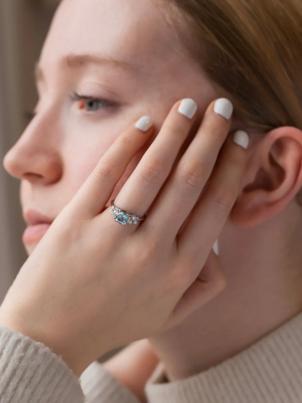 Dower & Hall 18k 6mm Cushion Aquamarine & Diamond Stargazer Ring, view 3