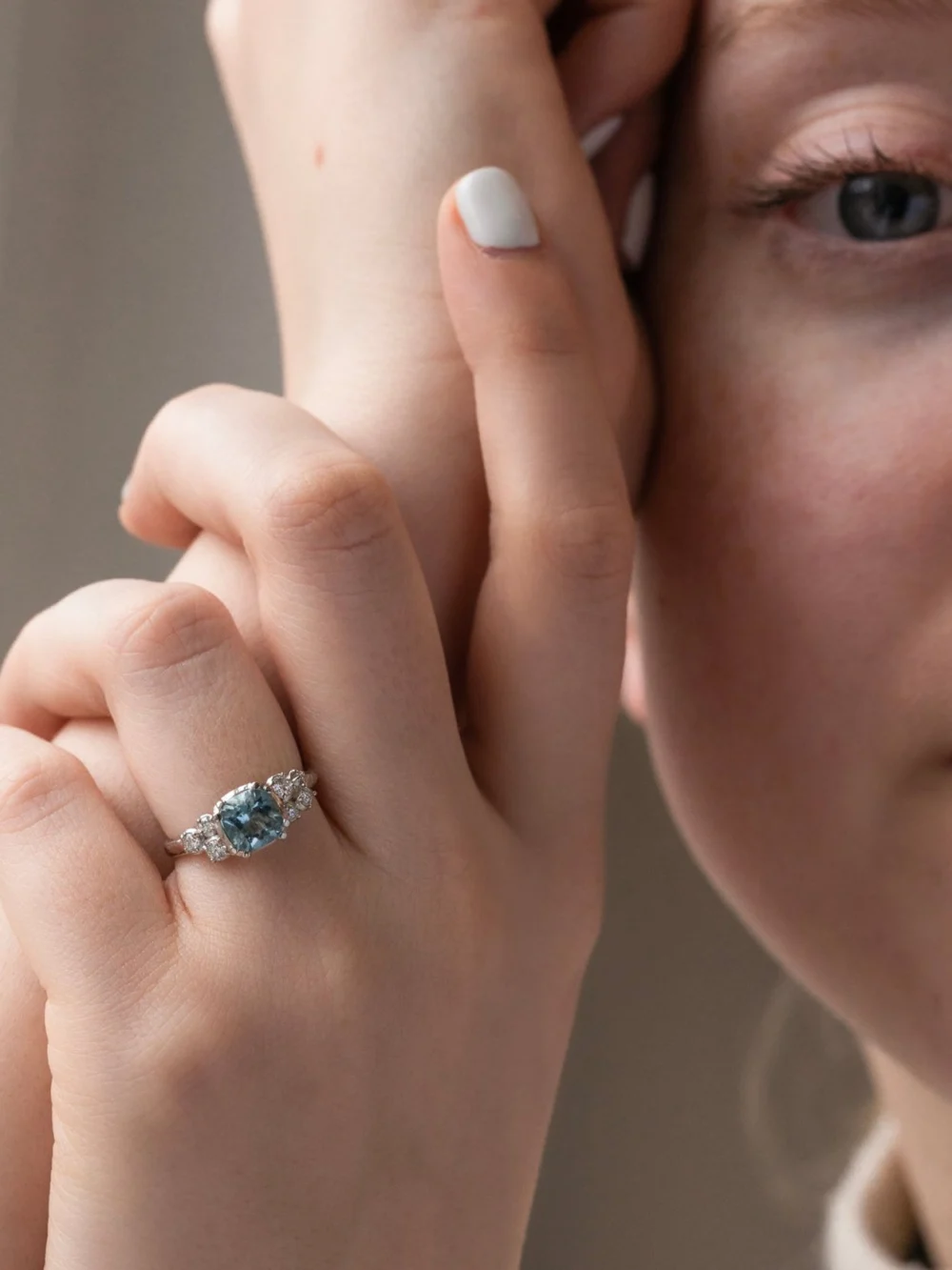 Dower & Hall 18k 6mm Cushion Aquamarine & Diamond Stargazer Ring, view 5