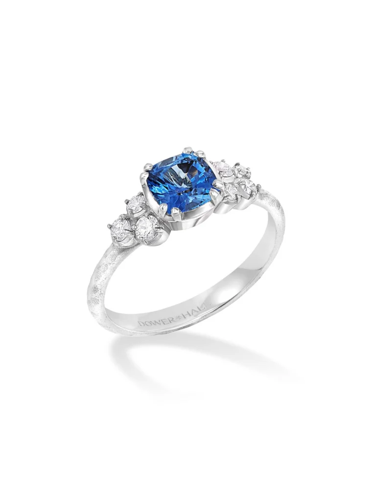 Dower & Hall 18k 6mm Cushion Blue Sapphire & Diamond Stargazer Ring