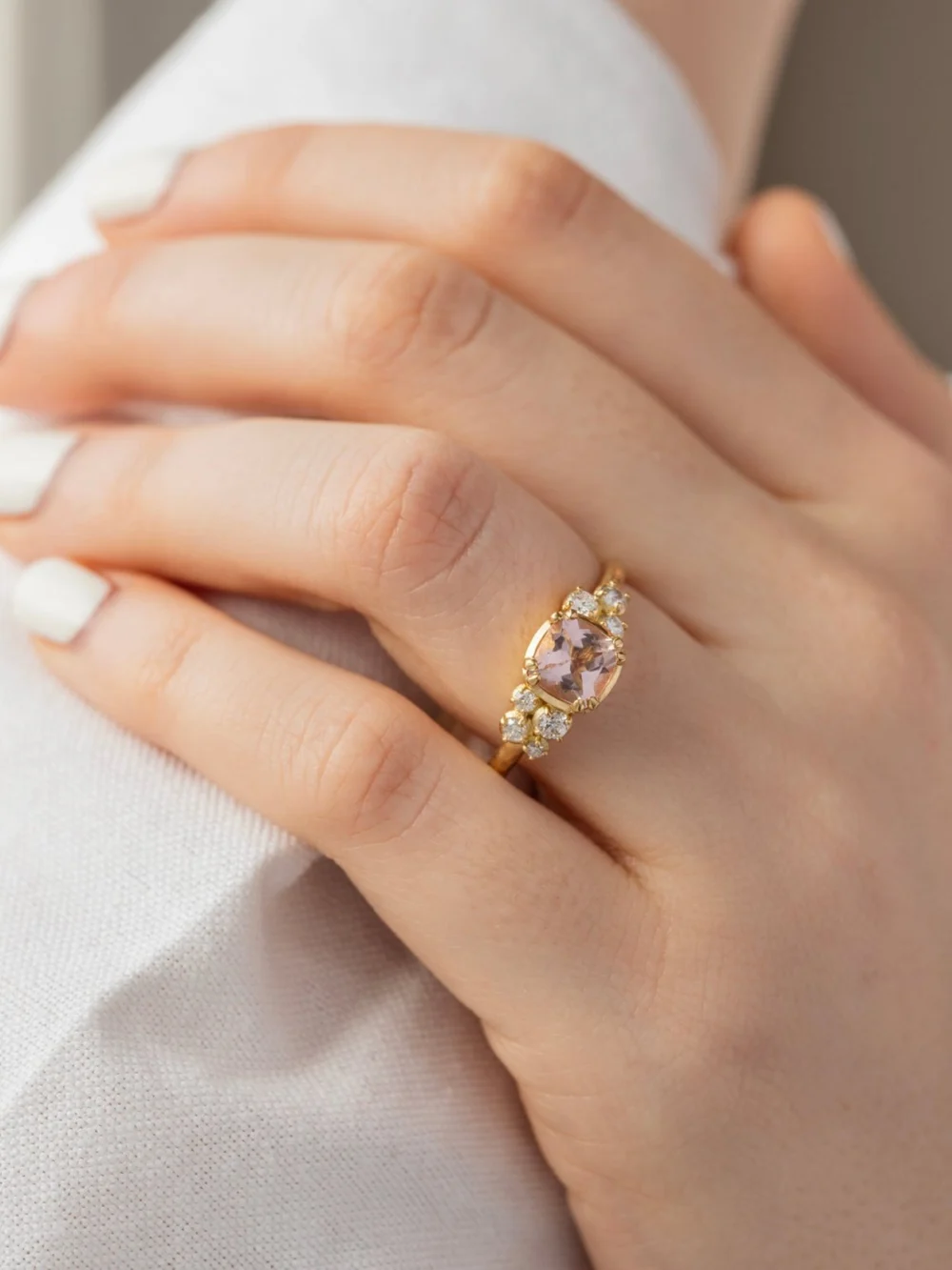 Dower & Hall 18k 6mm Cushion Morganite & Diamond Stargazer Ring, view 2