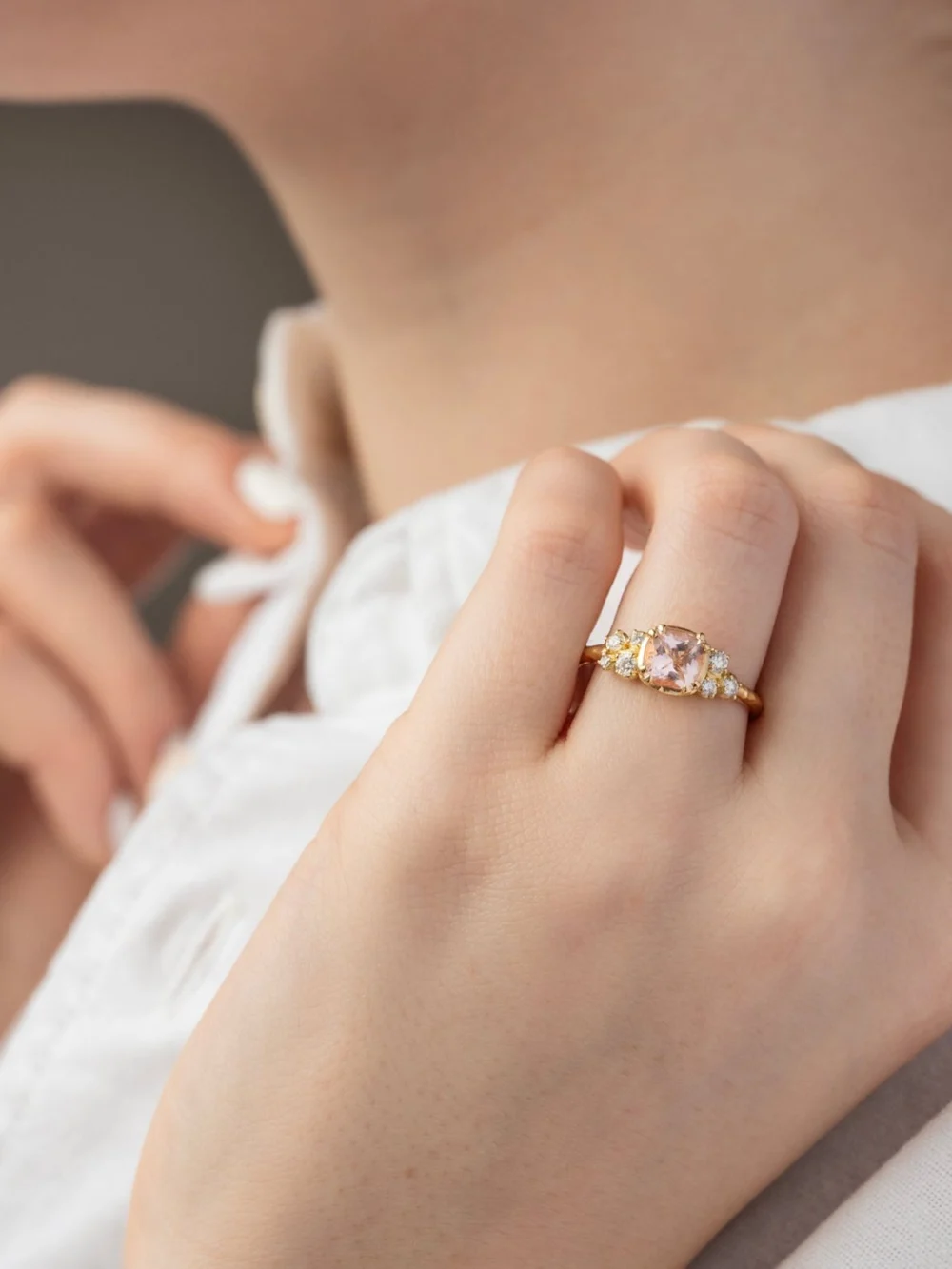 Dower & Hall 18k 6mm Cushion Morganite & Diamond Stargazer Ring, view 3