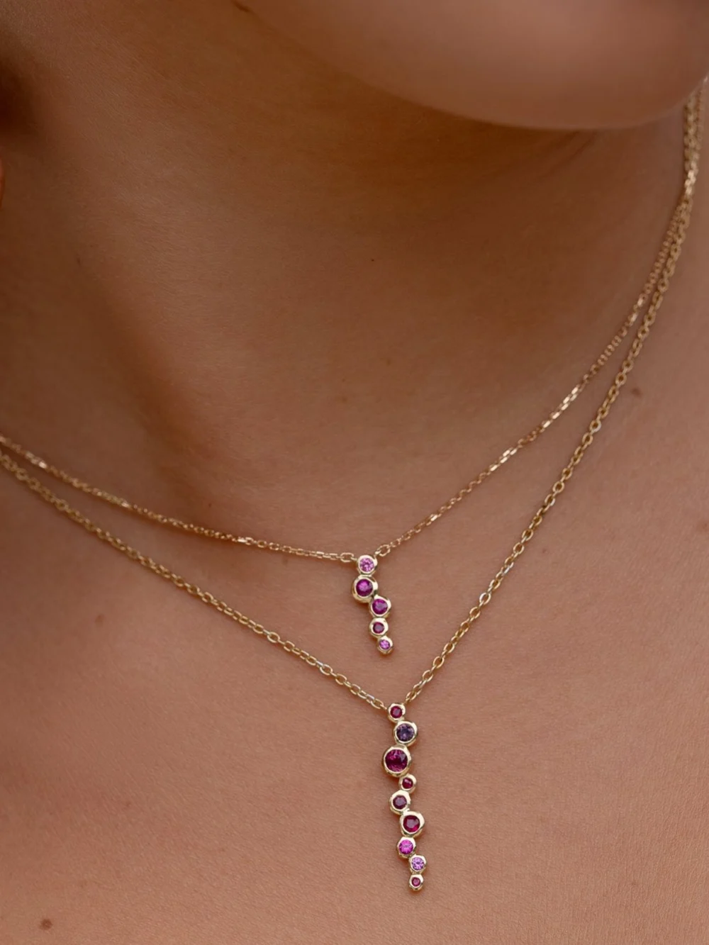 Dower & Hall 18k Gold Pink Sapphire & Ruby Long Cascade Pendant, view 3