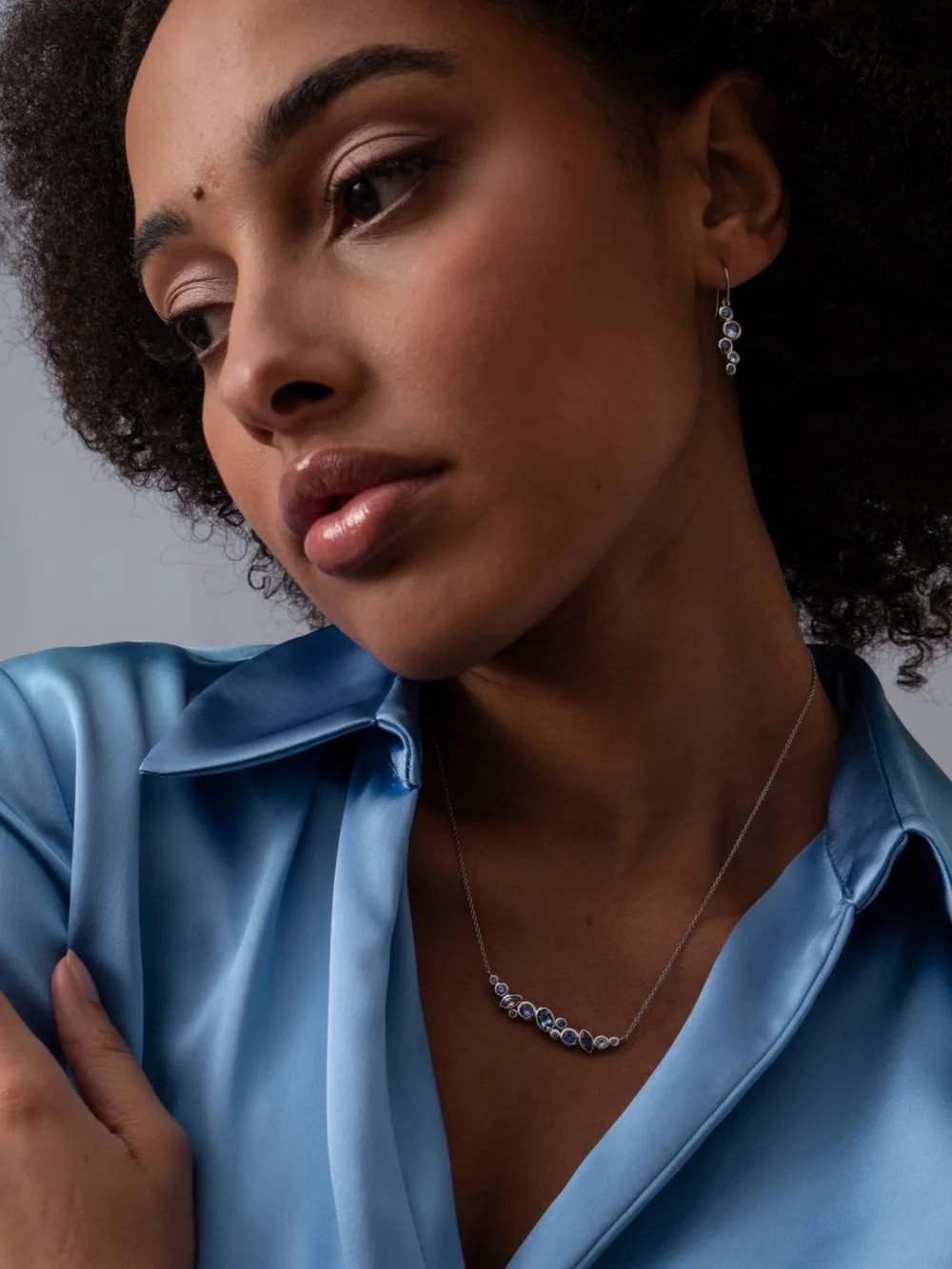 Dower & Hall 18k Gold Sapphire & Aquamarine Multi-Cut Cascade Necklace, view 2
