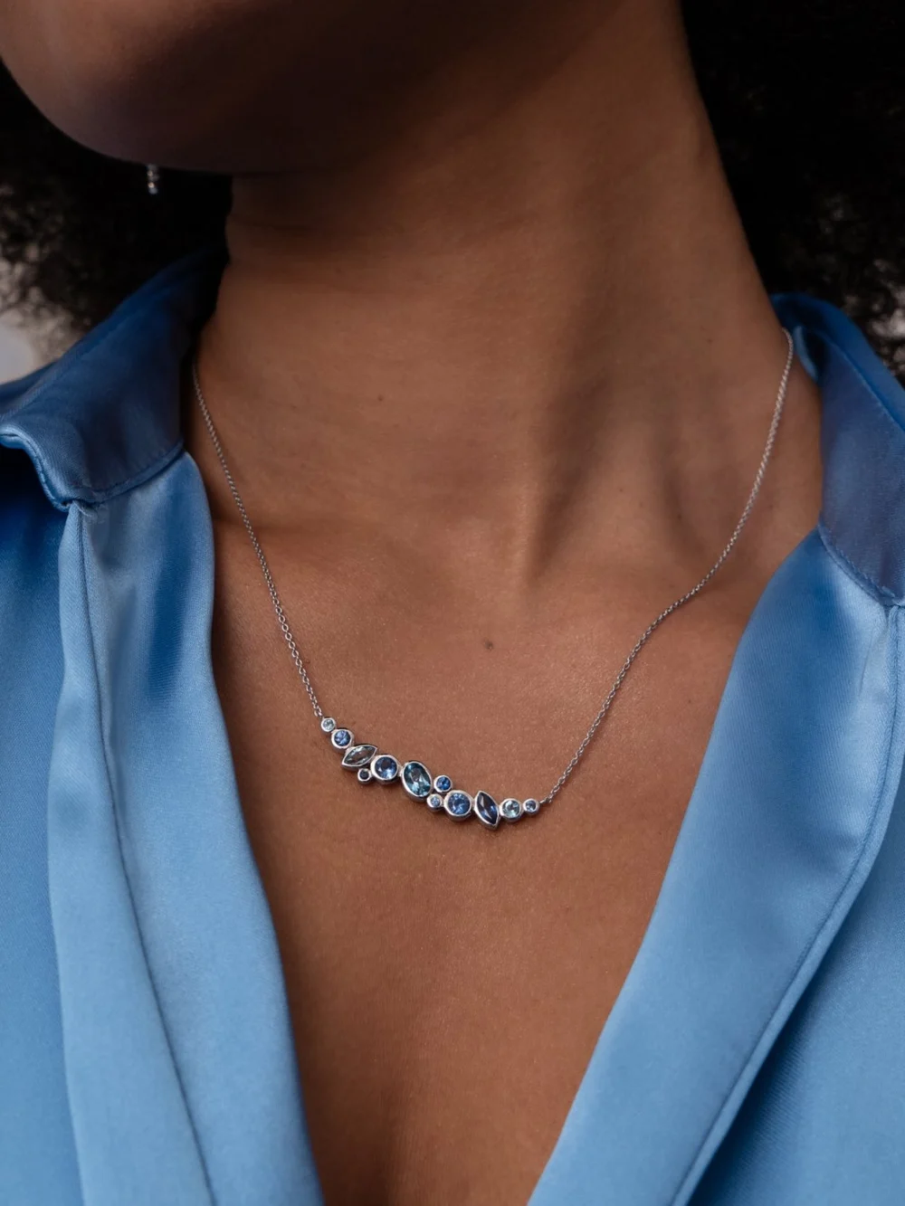 Dower & Hall 18k Gold Sapphire & Aquamarine Multi-Cut Cascade Necklace, view 3