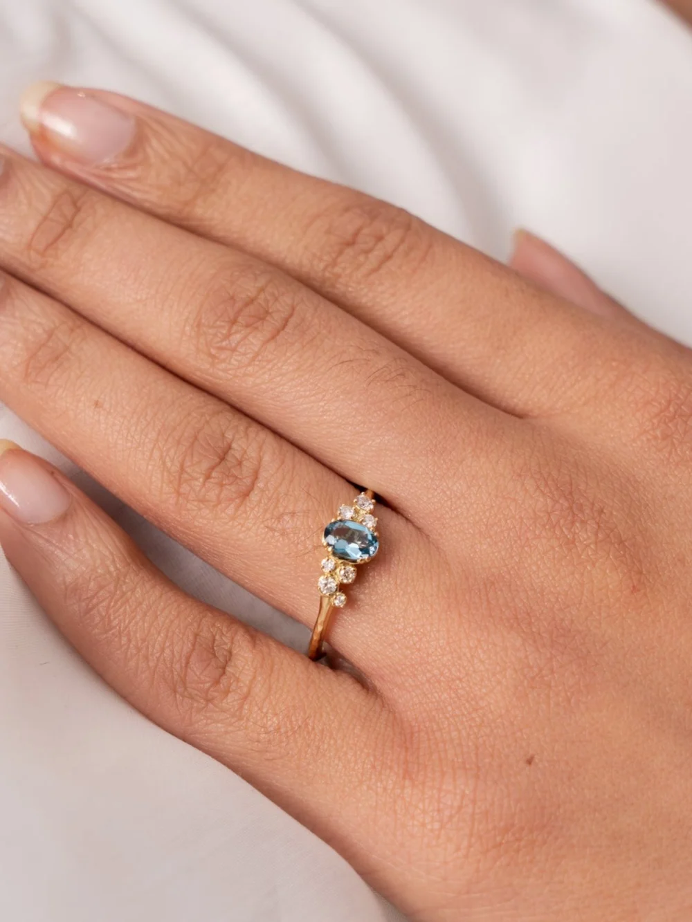 Dower & Hall 18k Oval Aquamarine & Diamond Stargazer Ring, view 4