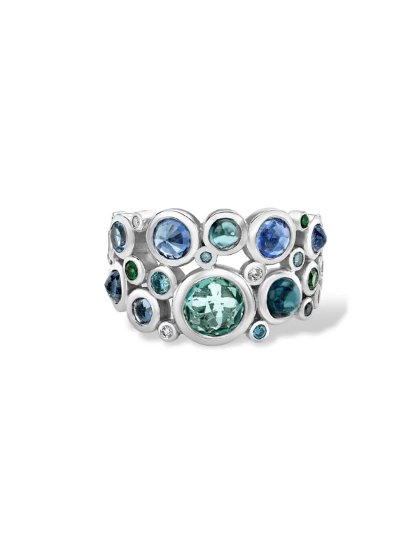 Dower & Hall 18k White Gold Three Row Blues Cascade Ring