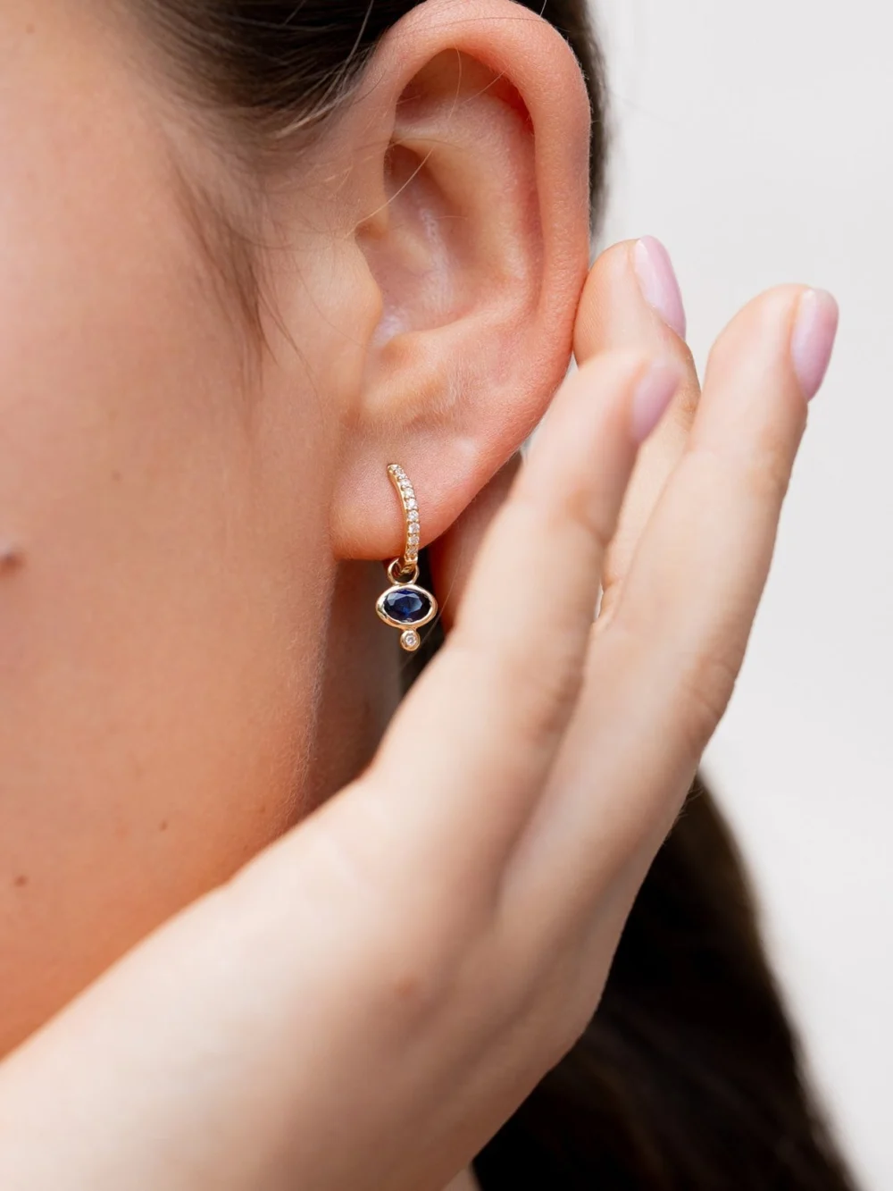 Dower & Hall 9k Diamond Stargazer Hoops with Blue Sapphire Oval Drops, view 2