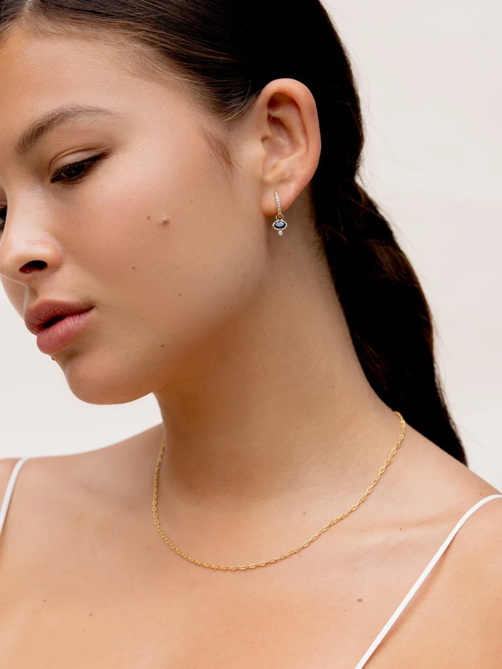 Dower & Hall 9k Diamond Stargazer Hoops with Blue Sapphire Oval Drops, view 3