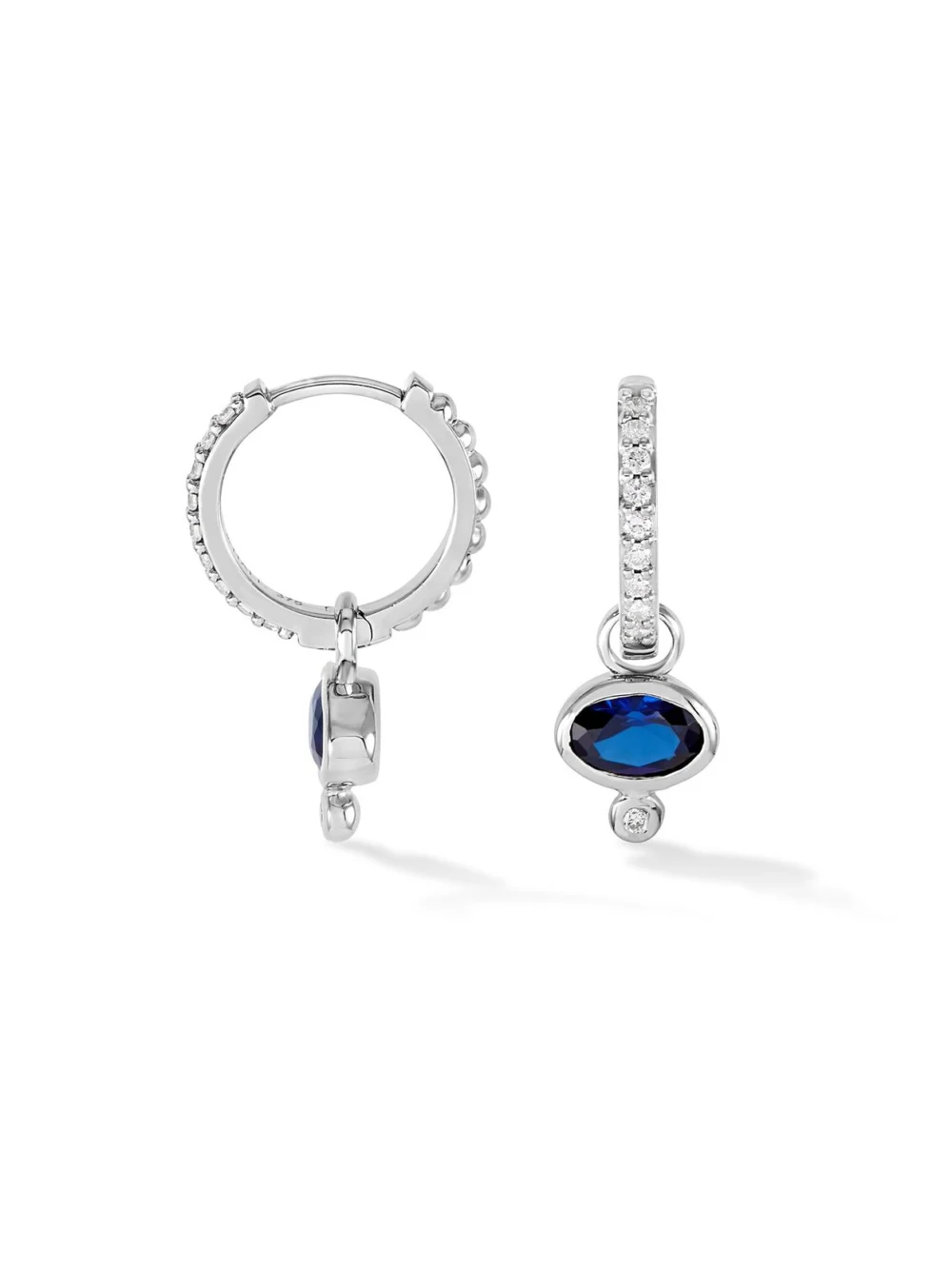 Dower & Hall 9k Diamond Stargazer Hoops with Blue Sapphire Oval Drops, view 4