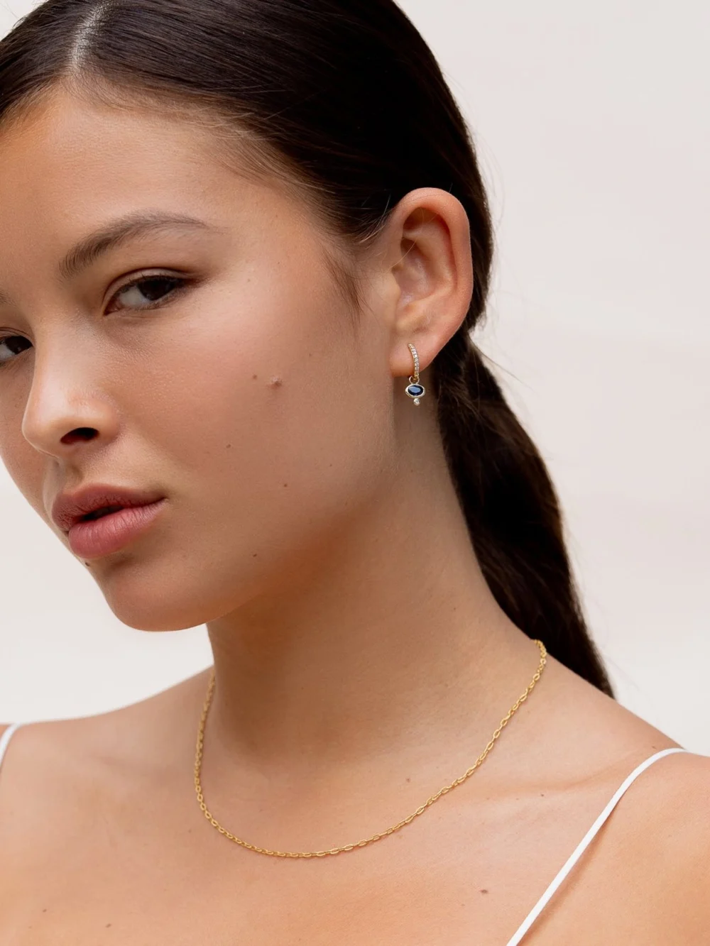 Dower & Hall 9k Diamond Stargazer Hoops with Blue Sapphire Oval Drops, view 5