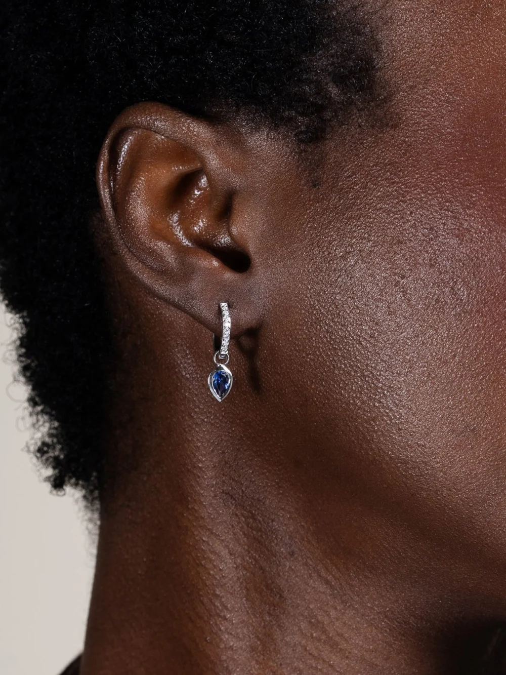 Dower & Hall 9k Diamond Stargazer Hoops with Blue Sapphire Tear Drops, view 2