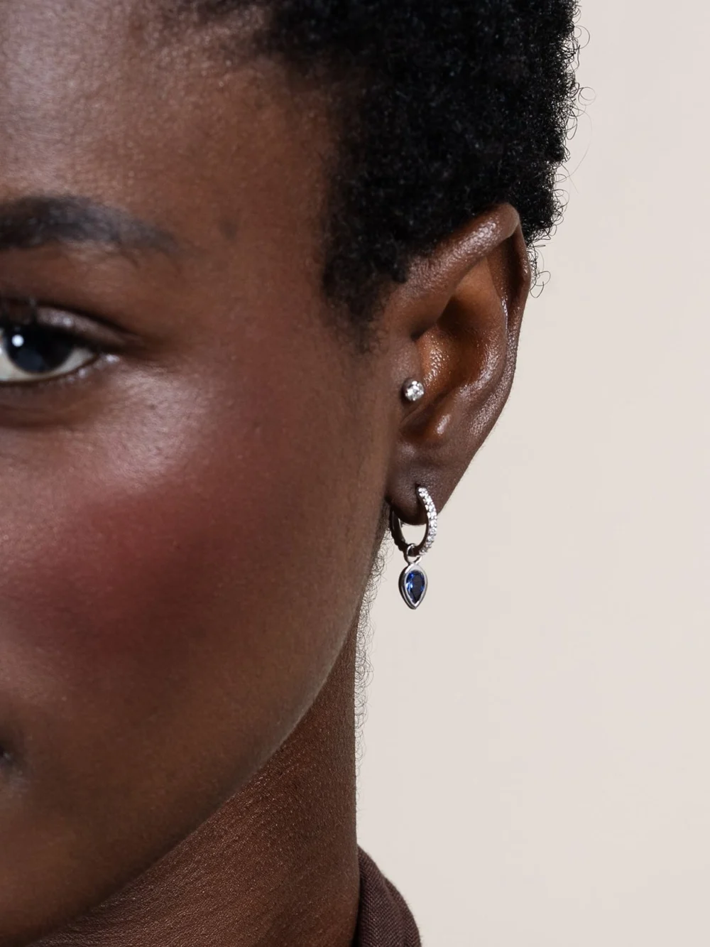 Dower & Hall 9k Diamond Stargazer Hoops with Blue Sapphire Tear Drops, view 5