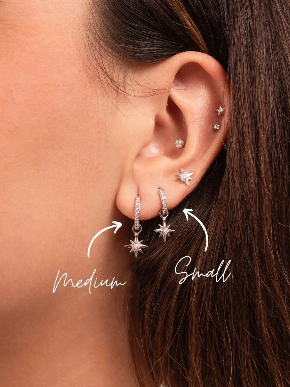 Dower & Hall 9k Gold & Diamond North Star Ear-Hoop Drops, view 2