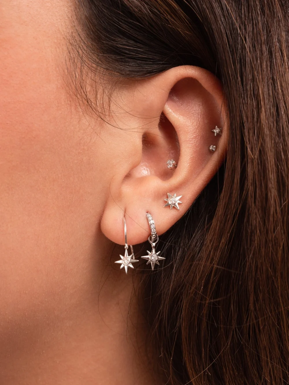 Dower & Hall 9k Gold & Diamond North Star Ear-Hoop Drops, view 4