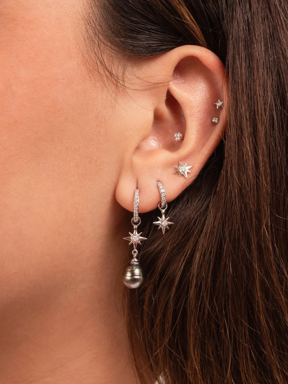 Dower & Hall 9k Gold & Diamond North Star Ear-Hoop Drops, view 5