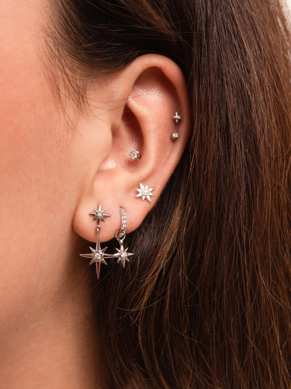 Dower & Hall 9k Gold & Diamond North Star Ear-Hoop Drops, view 6