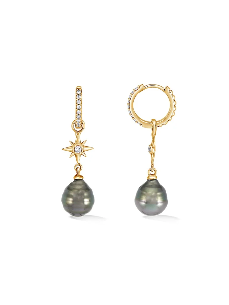 Dower & Hall 9k Gold & Diamond North Star Hoops with Tahitian Pearls