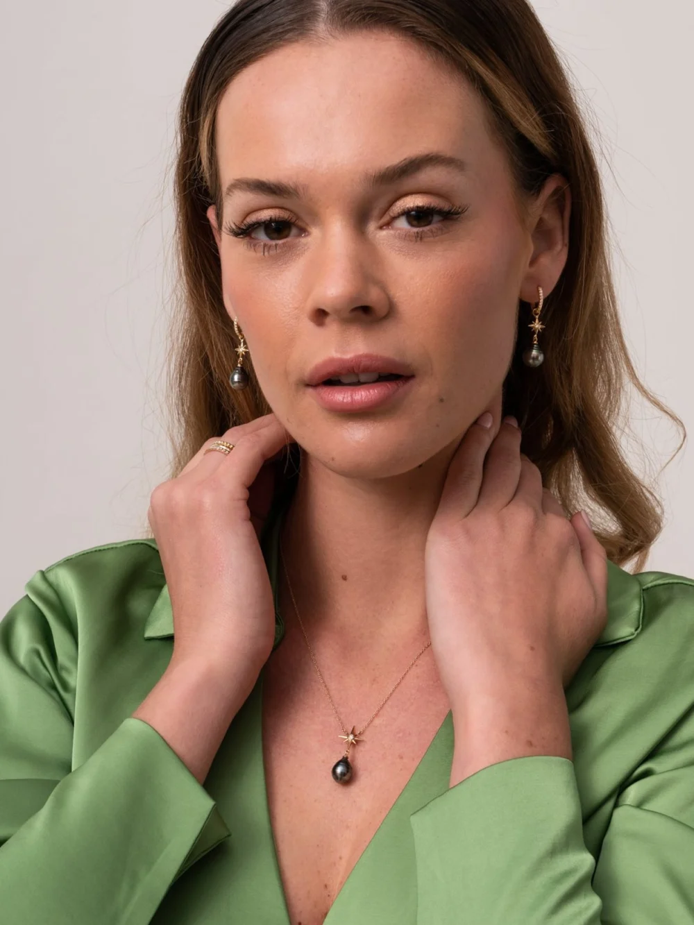 Dower & Hall 9k Gold & Diamond North Star Hoops with Tahitian Pearls, view 3
