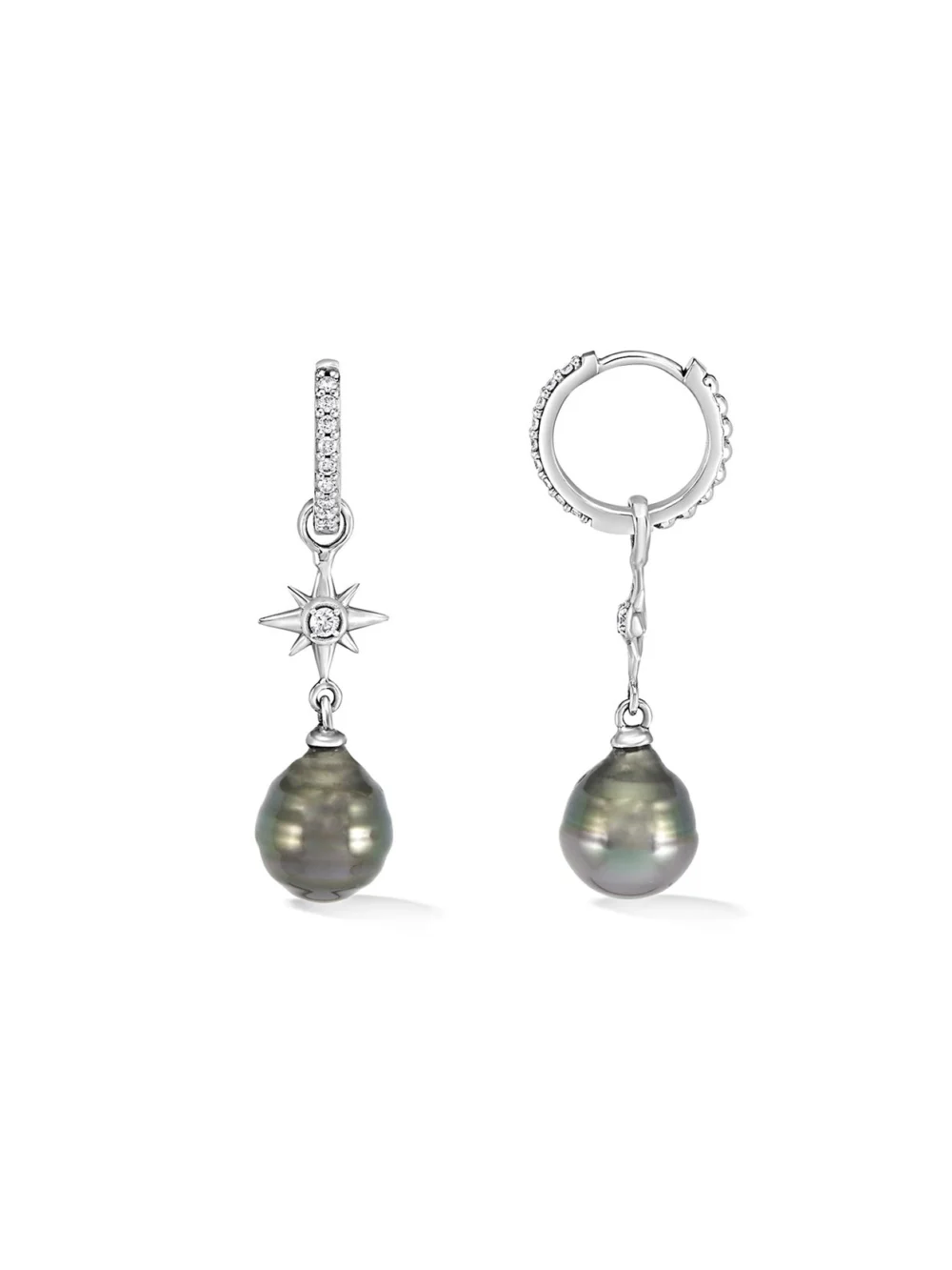 Dower & Hall 9k Gold & Diamond North Star Hoops with Tahitian Pearls, view 4