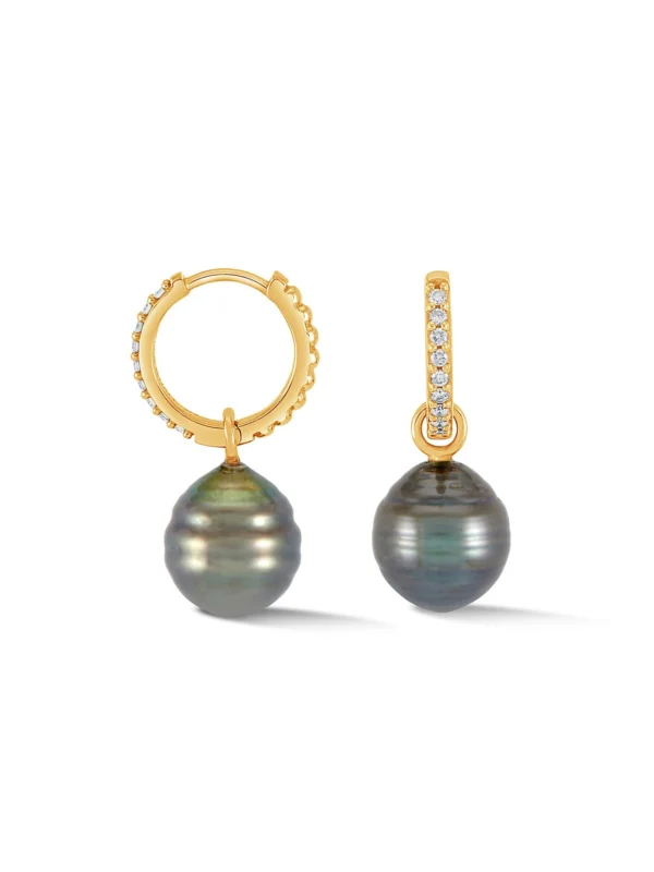 Dower & Hall 9k Gold Diamond and Tahitian Pearl Huggie Hoops