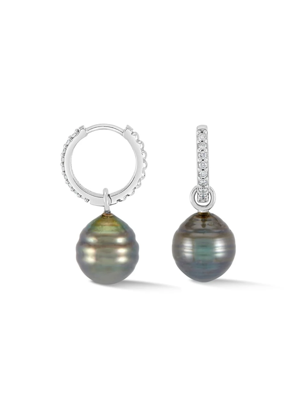 Dower & Hall 9k Gold Diamond and Tahitian Pearl Huggie Hoops, view 4