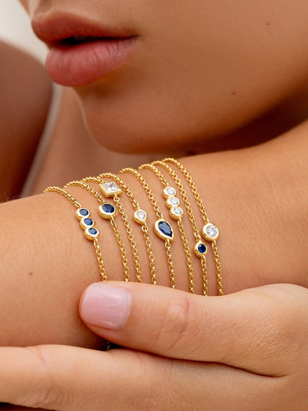Dower & Hall 9k Round 3mm Sapphire Dewdrop Chain Bracelet, view 2
