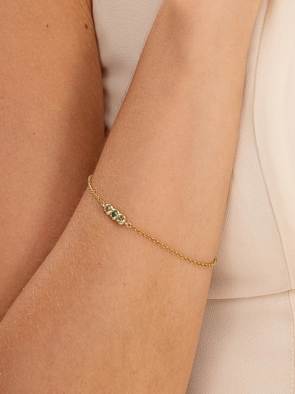 Dower & Hall 9k Round 3mm Trio Greens Dew Drop Chain Bracelet, view 3