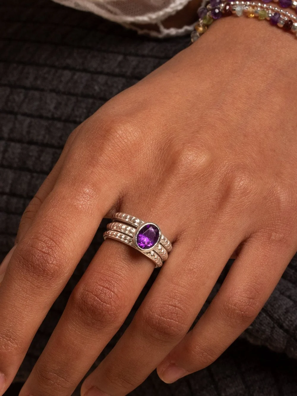 Dower & Hall Amethyst Oval Granular Dotty Twinkle Ring, view 2