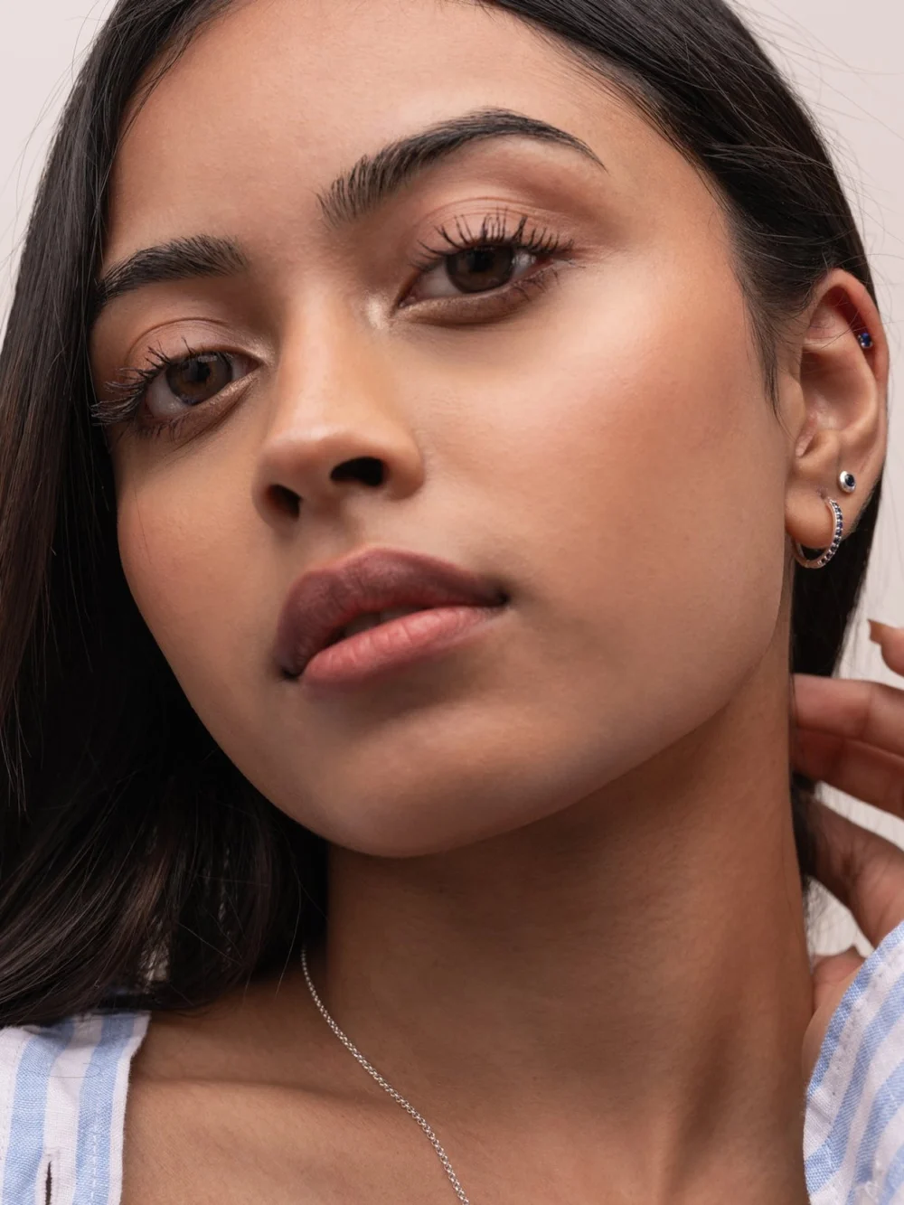 Dower & Hall Blue Sapphire Lumiere Huggie Hoops, view 2