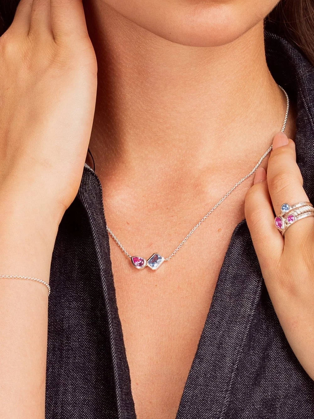 Dower & Hall Blue Topaz & Pink Quartz Duo Tutti Frutti Necklace, view 2