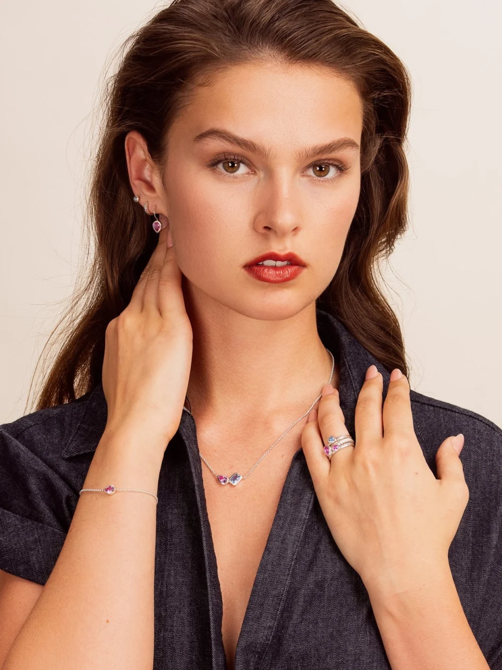 Dower & Hall Blue Topaz & Pink Quartz Duo Tutti Frutti Necklace, view 3