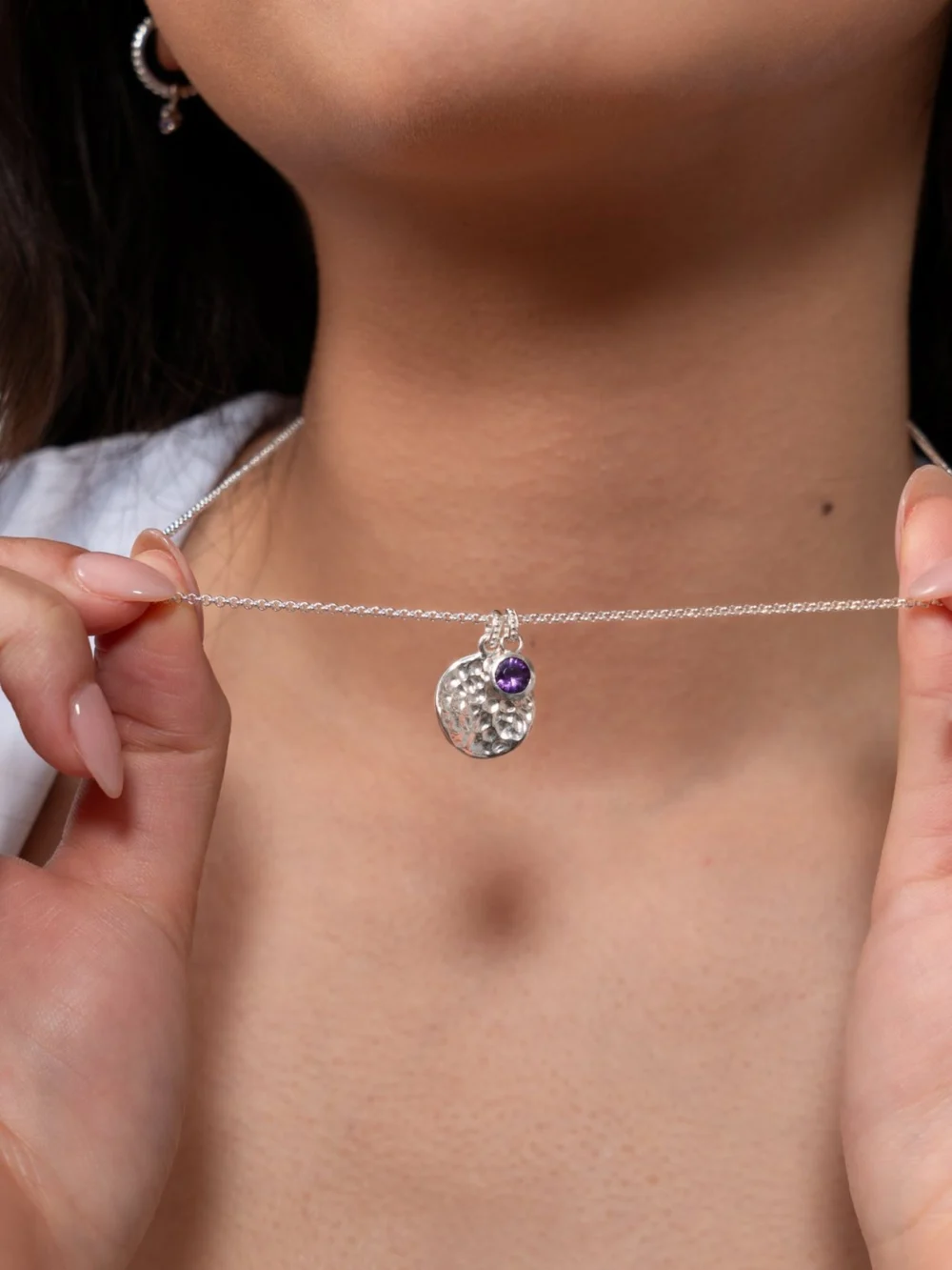 Dower & Hall Hammered Disc & 5mm Amethyst Array Pendant, view 3