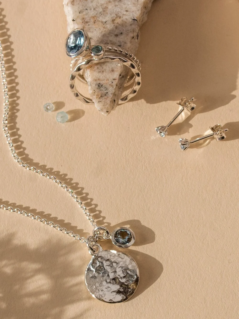 Dower & Hall Hammered Disc & 5mm Blue Topaz Array Pendant, view 5