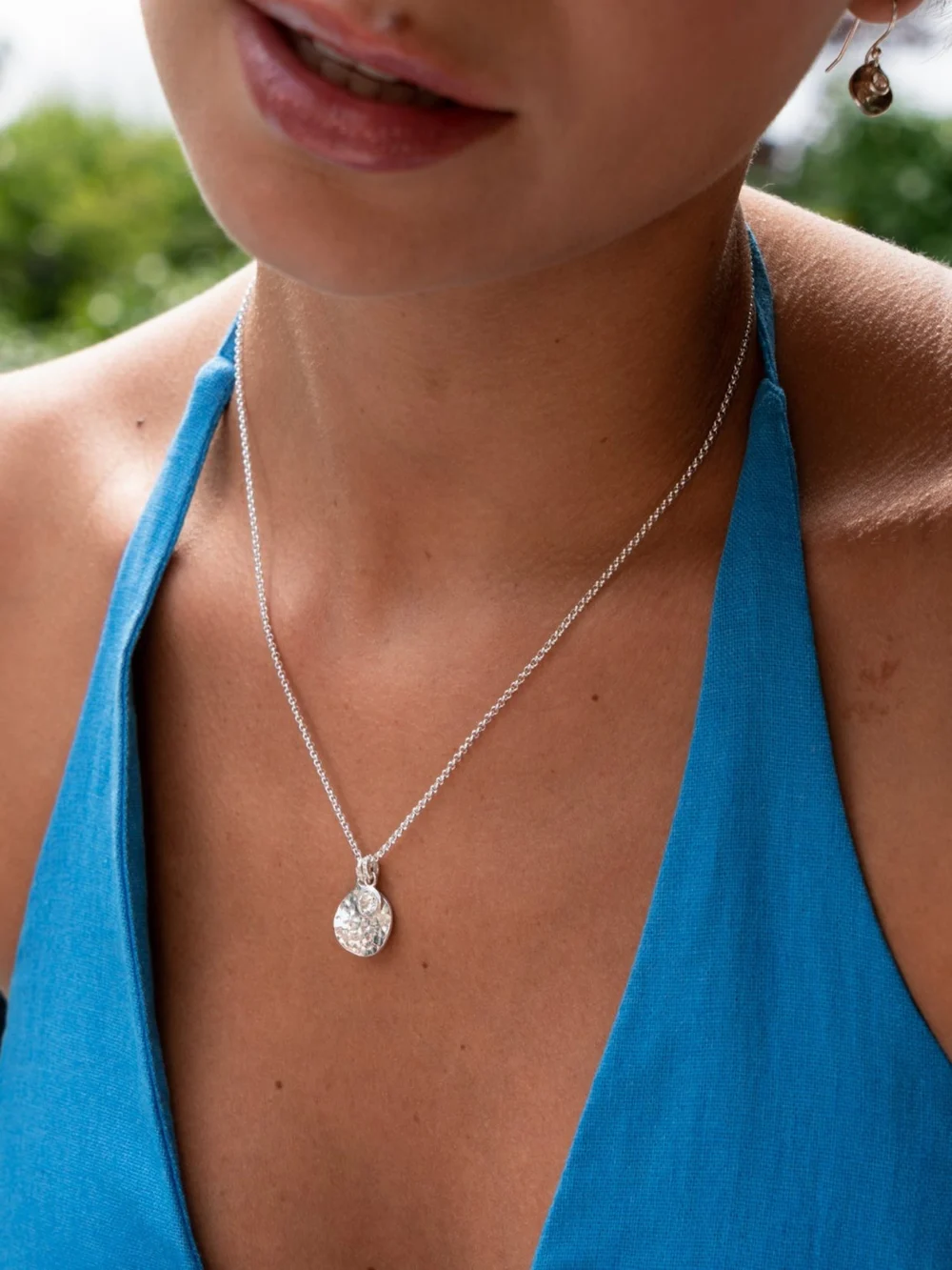 Dower & Hall Hammered Disc & 5mm White Topaz Array Pendant, view 2