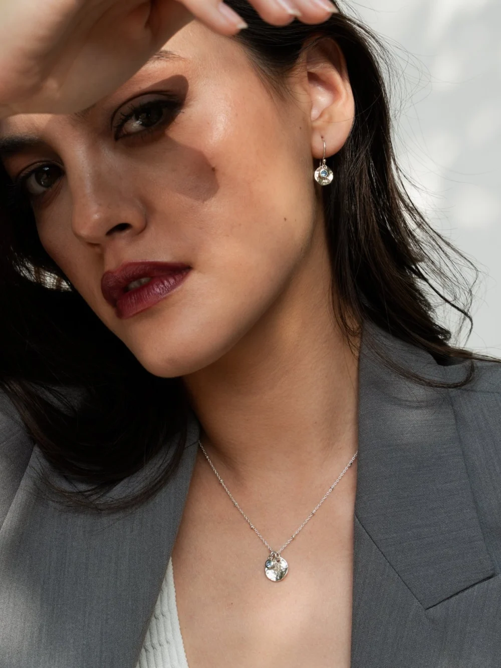 Dower & Hall Hammered Disc & Aquamarine Array Necklace, view 3