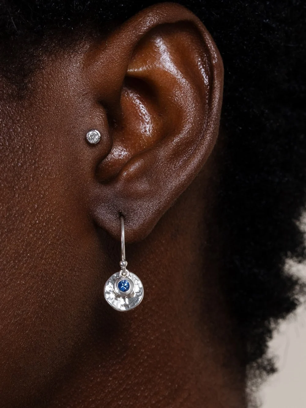 Dower & Hall Hammered Disc & Blue Sapphire Array Earrings, view 6