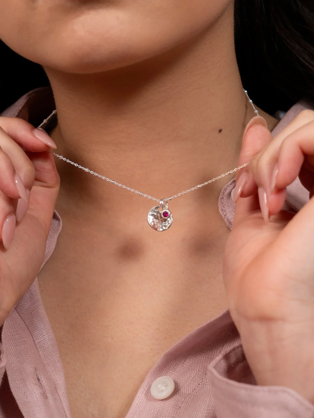 Dower & Hall Hammered Disc & Ruby Array Necklace, view 6