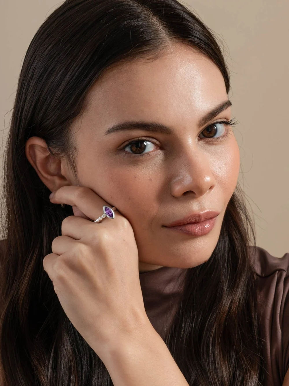 Dower & Hall Marquise Amethyst Dewdrop Twinkle Ring, view 2