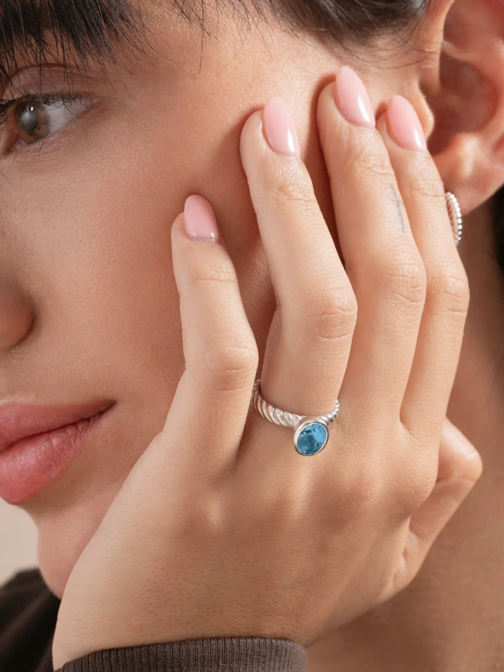 Dower & Hall Oval Blue Topaz Twist Twinkle Ring, view 2