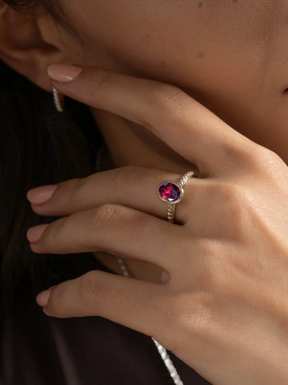 Dower & Hall Oval Garnet Granular Dotty Twinkle Ring, view 2